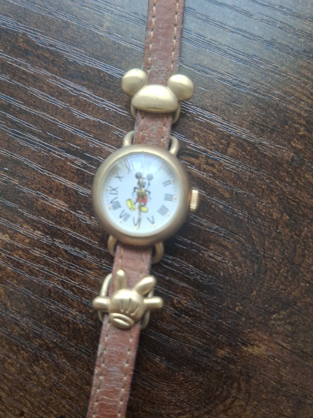 Disney Brown and Gold Mickey Mouse Leather Strap Watch Requires Battery